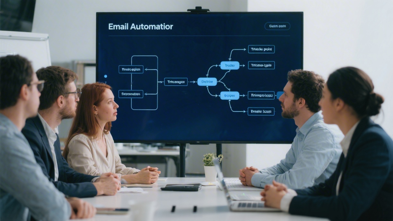 Email automation flow chart on a screen showing trigger points and branching logic, with a team discussing steps around a table.