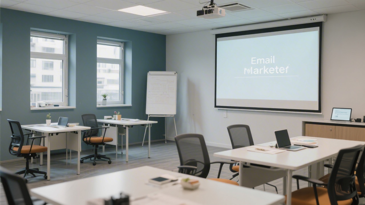 Small classroom setup with tables arranged for collaborative workshops, notebooks, and a presenter screen prepared for an email marketing session.