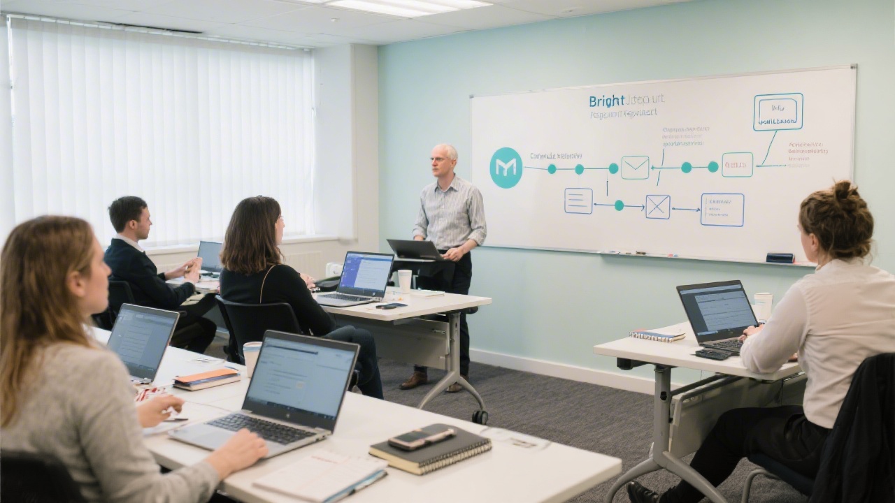 Bright Dublin training room with laptops, notebooks, and a whiteboard showing an email lifecycle diagram; participants are focused on building campaign flows together.