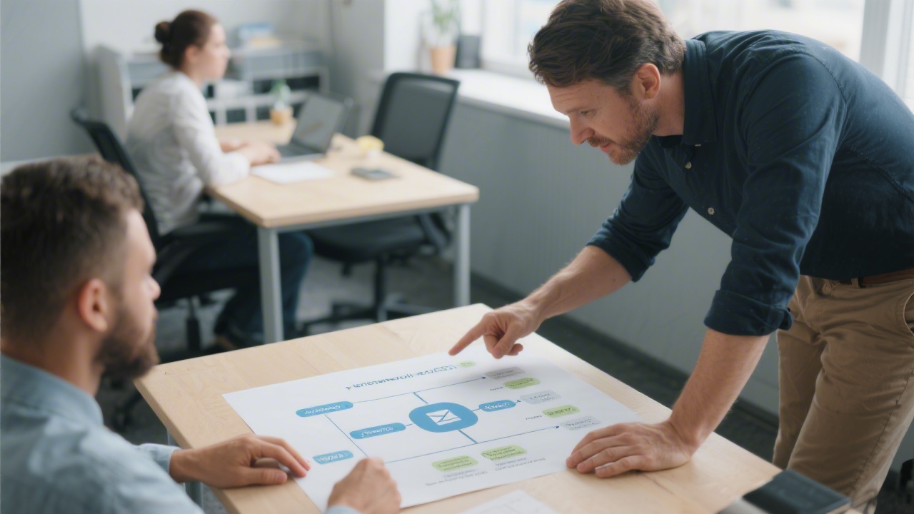Instructor at a desk reviewing a segmentation worksheet with a participant, pointing to a lifecycle chart and explaining how to translate it into a workflow.