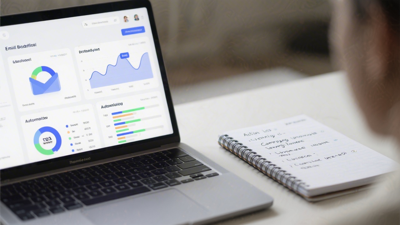 Close-up of a laptop showing email performance dashboards and automation panels, with a notebook listing action items for campaign improvement.