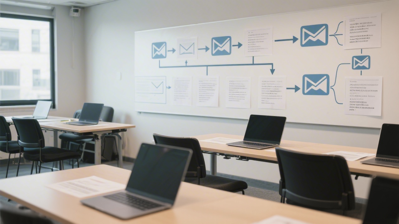 Worktables with laptops and printed email flow diagrams, showing a collaborative training environment during a masterclass.